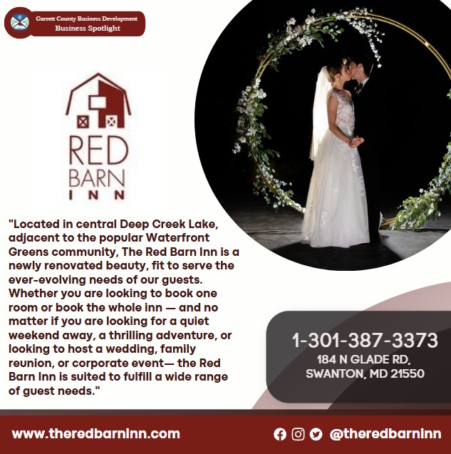 Today's Business Spotlight 📣 is on Red Barn Inn! 
Visit them at www.theredbarninn.com or Red Barn Inn & Events
Follow us to see more daily Garrett County Business Spotlights!
If you are interested in having your business featured contact Connor Norman at cnorman@garrettcountymd.gov. #BusinessDevelopment